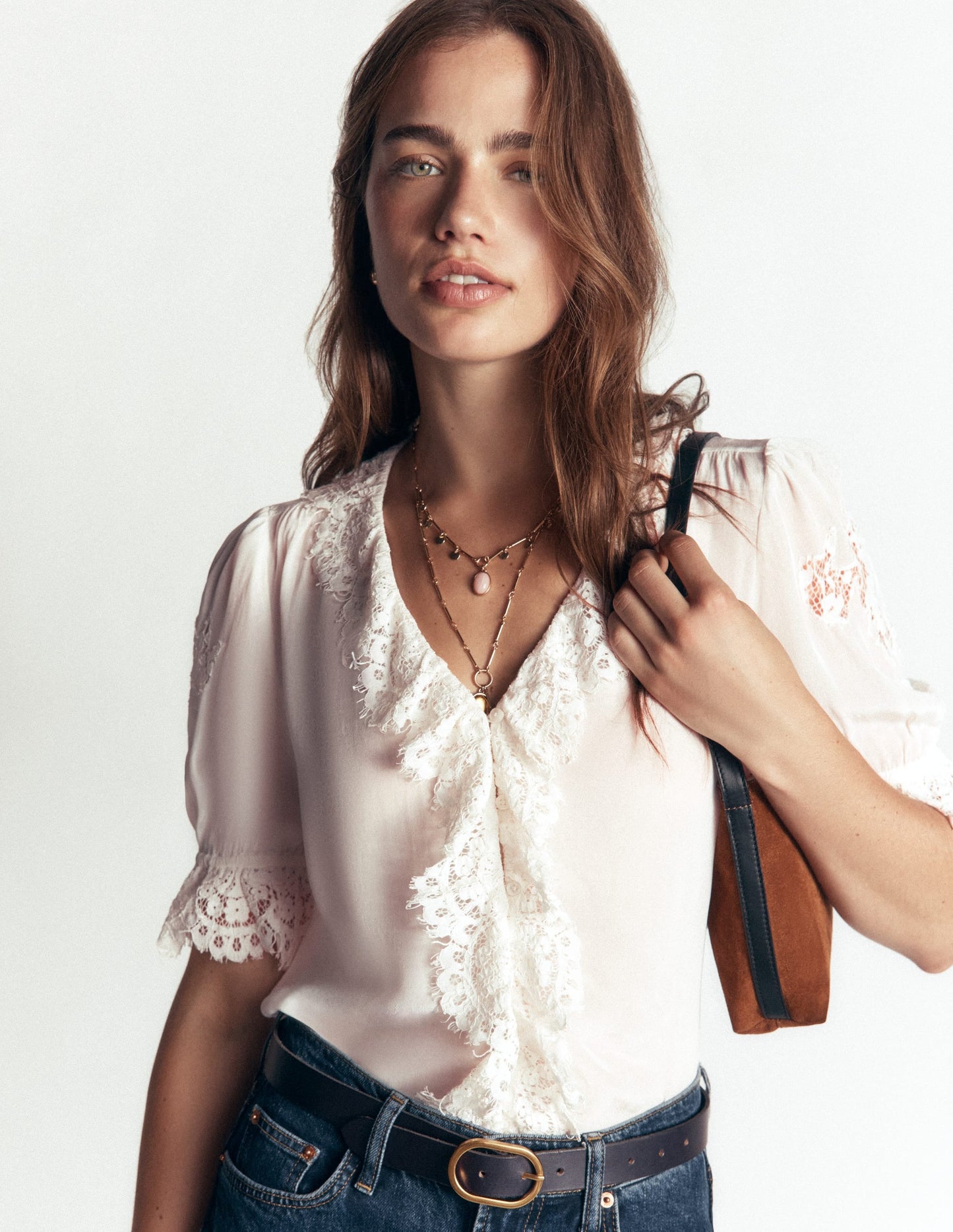 Ruffle V-neck Lace Top-Ivory
